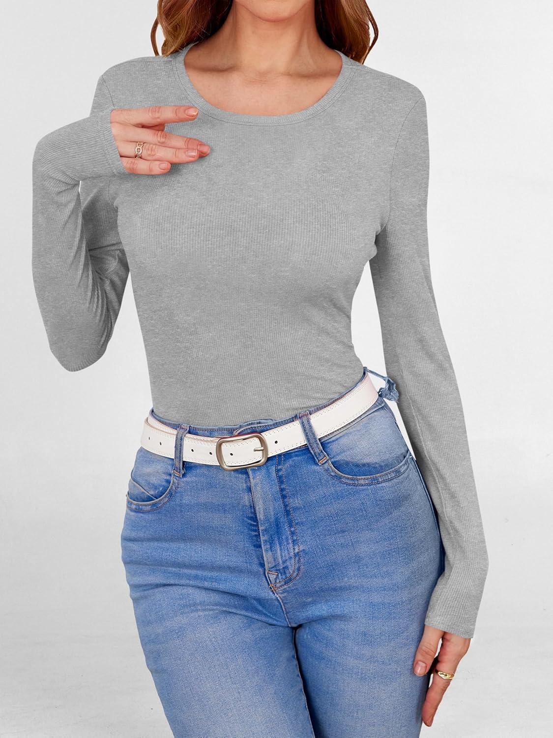 imageANRABESS Women Long Sleeve Shirts Builtin Bra Crewneck Rib Knit Slim Fit Basic Tee Tops 2025 Fall Casual TShirt Base LayerGrey