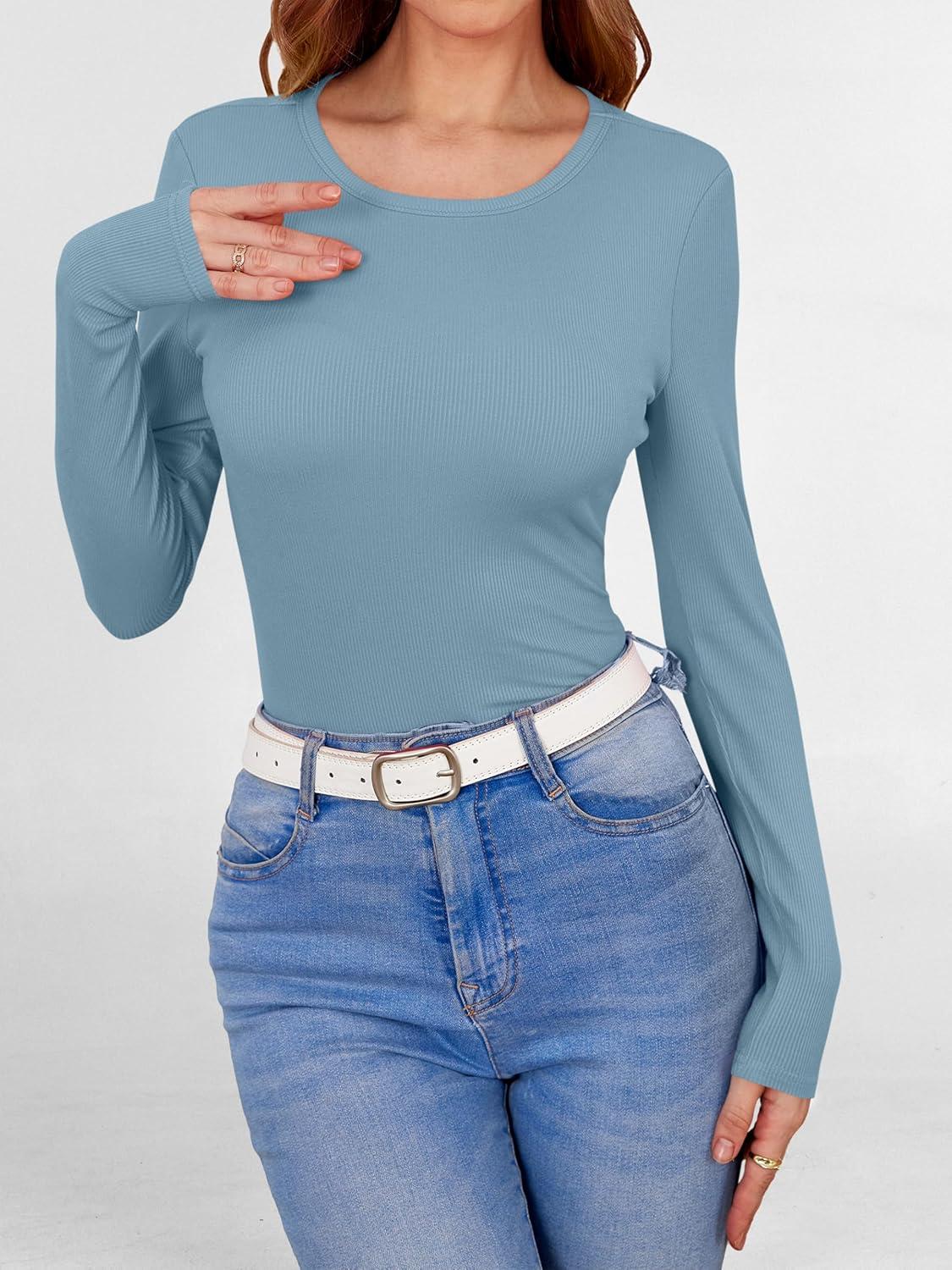 imageANRABESS Women Long Sleeve Shirts Builtin Bra Crewneck Rib Knit Slim Fit Basic Tee Tops 2025 Fall Casual TShirt Base LayerGrey Blue