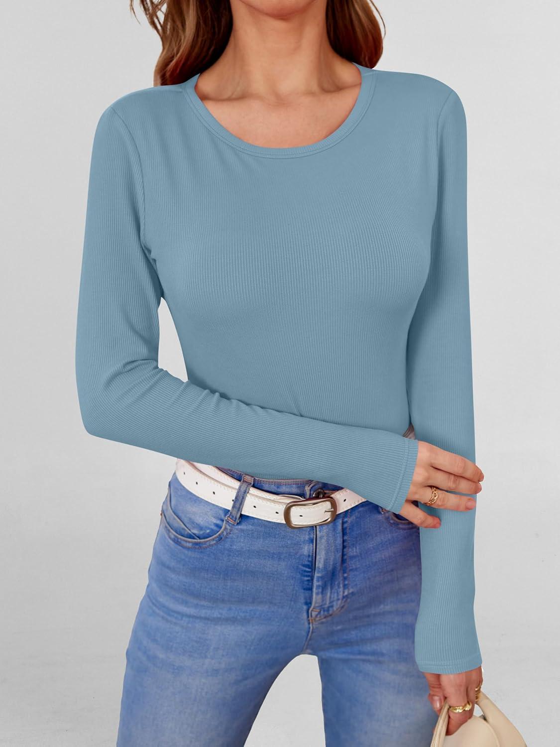 imageANRABESS Women Long Sleeve Shirts Builtin Bra Crewneck Rib Knit Slim Fit Basic Tee Tops 2025 Fall Casual TShirt Base LayerGrey Blue