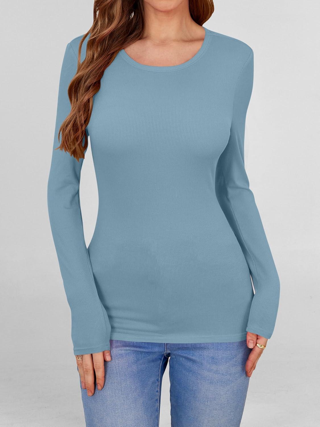 imageANRABESS Women Long Sleeve Shirts Builtin Bra Crewneck Rib Knit Slim Fit Basic Tee Tops 2025 Fall Casual TShirt Base LayerGrey Blue