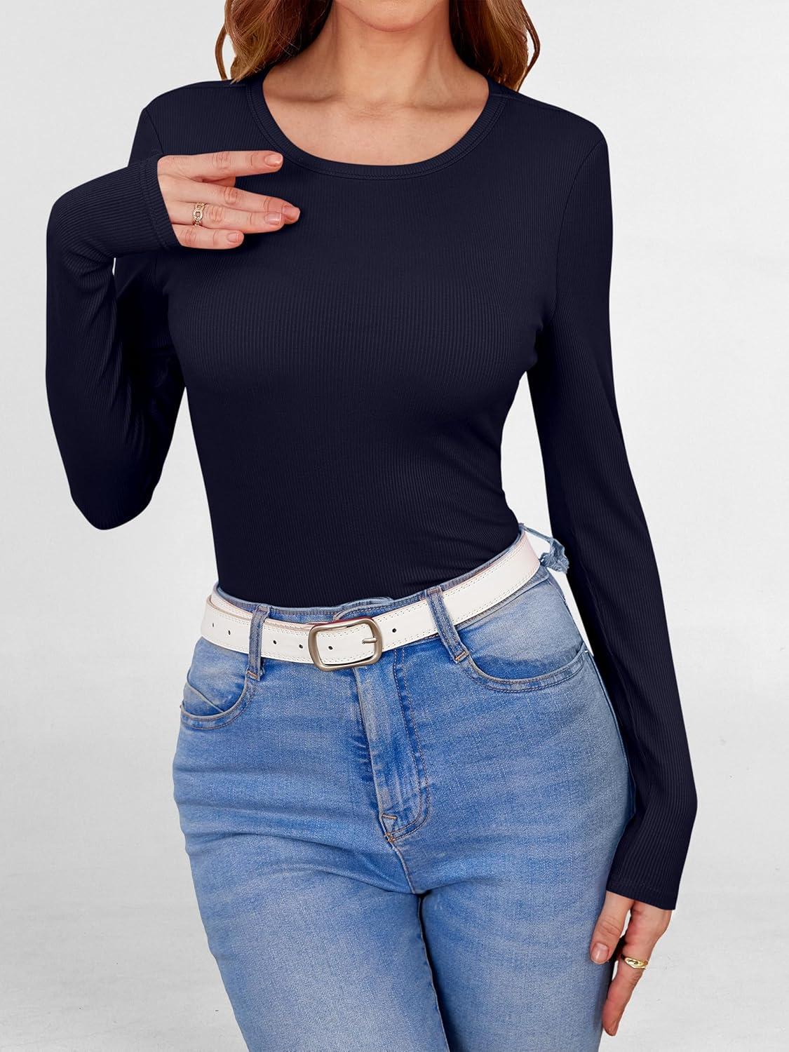 imageANRABESS Women Long Sleeve Shirts Builtin Bra Crewneck Rib Knit Slim Fit Basic Tee Tops 2025 Fall Casual TShirt Base LayerNavy Blue