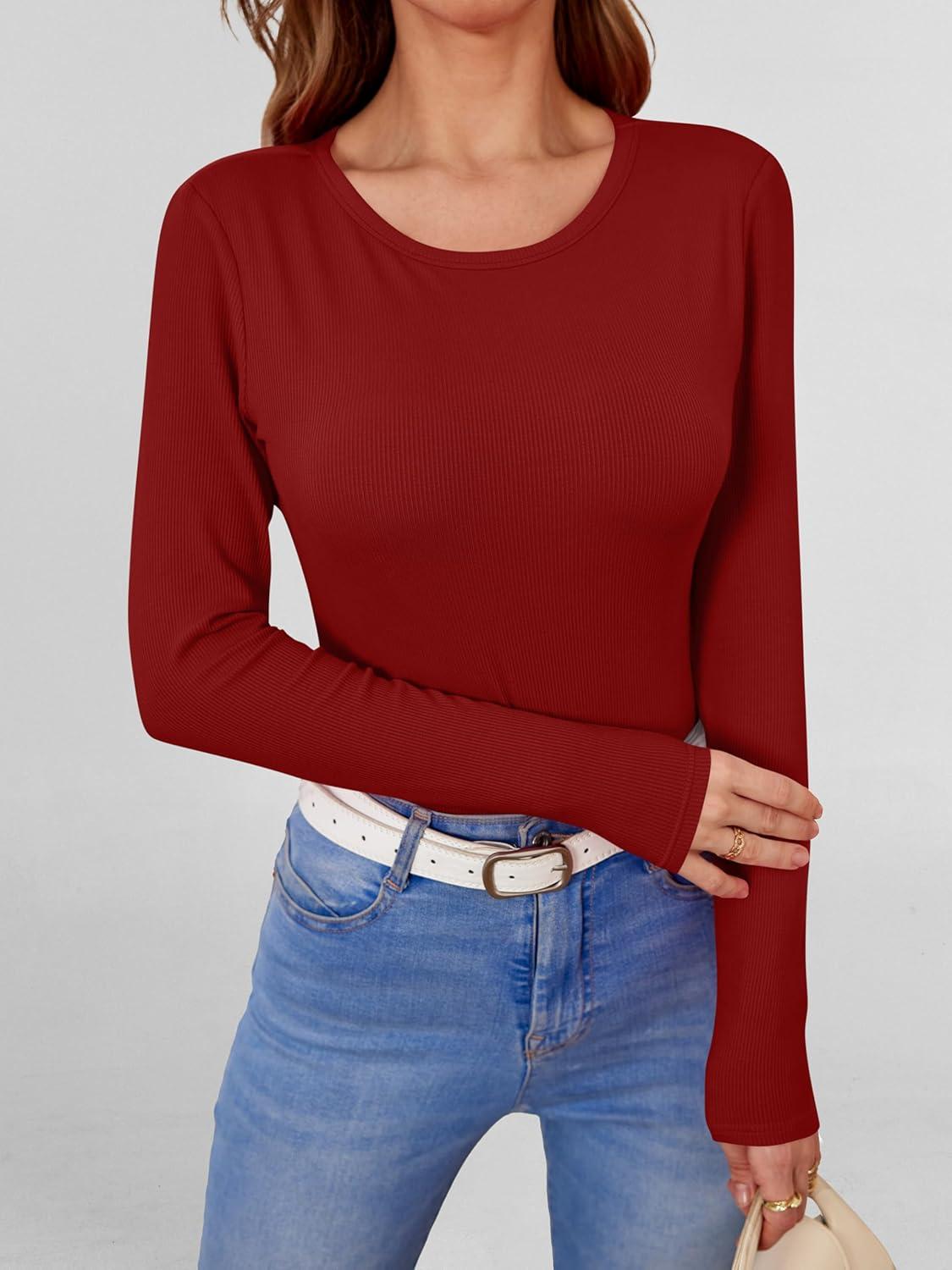 imageANRABESS Women Long Sleeve Shirts Builtin Bra Crewneck Rib Knit Slim Fit Basic Tee Tops 2025 Fall Casual TShirt Base LayerRed