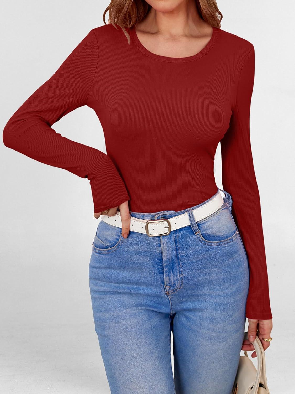 imageANRABESS Women Long Sleeve Shirts Builtin Bra Crewneck Rib Knit Slim Fit Basic Tee Tops 2025 Fall Casual TShirt Base LayerRed