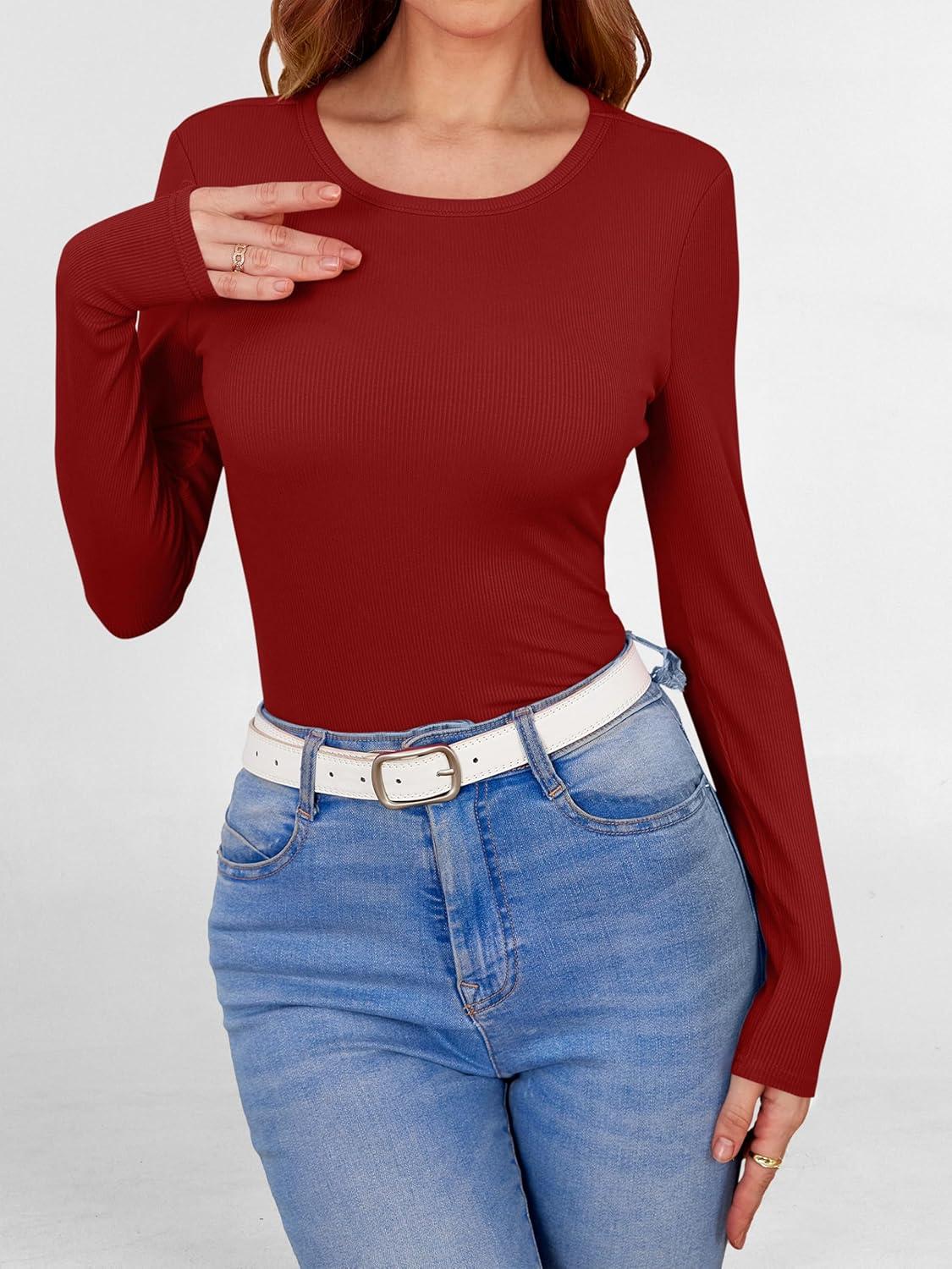 imageANRABESS Women Long Sleeve Shirts Builtin Bra Crewneck Rib Knit Slim Fit Basic Tee Tops 2025 Fall Casual TShirt Base LayerRed