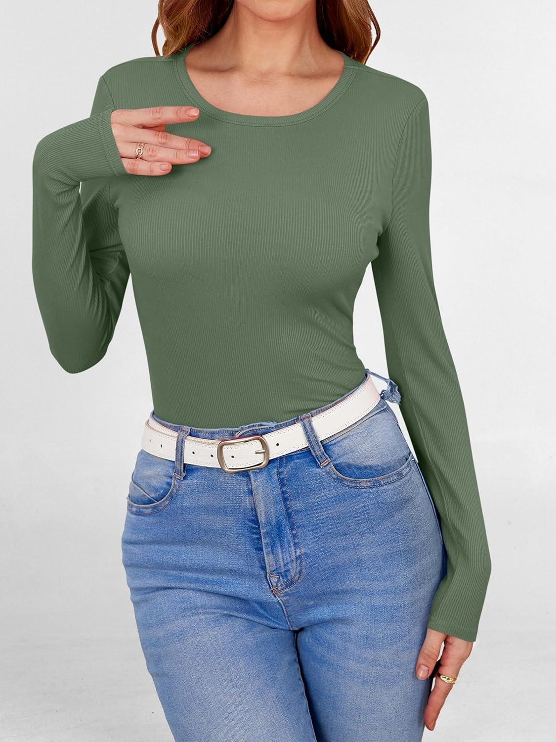 imageANRABESS Women Long Sleeve Shirts Builtin Bra Crewneck Rib Knit Slim Fit Basic Tee Tops 2025 Fall Casual TShirt Base LayerSage Green