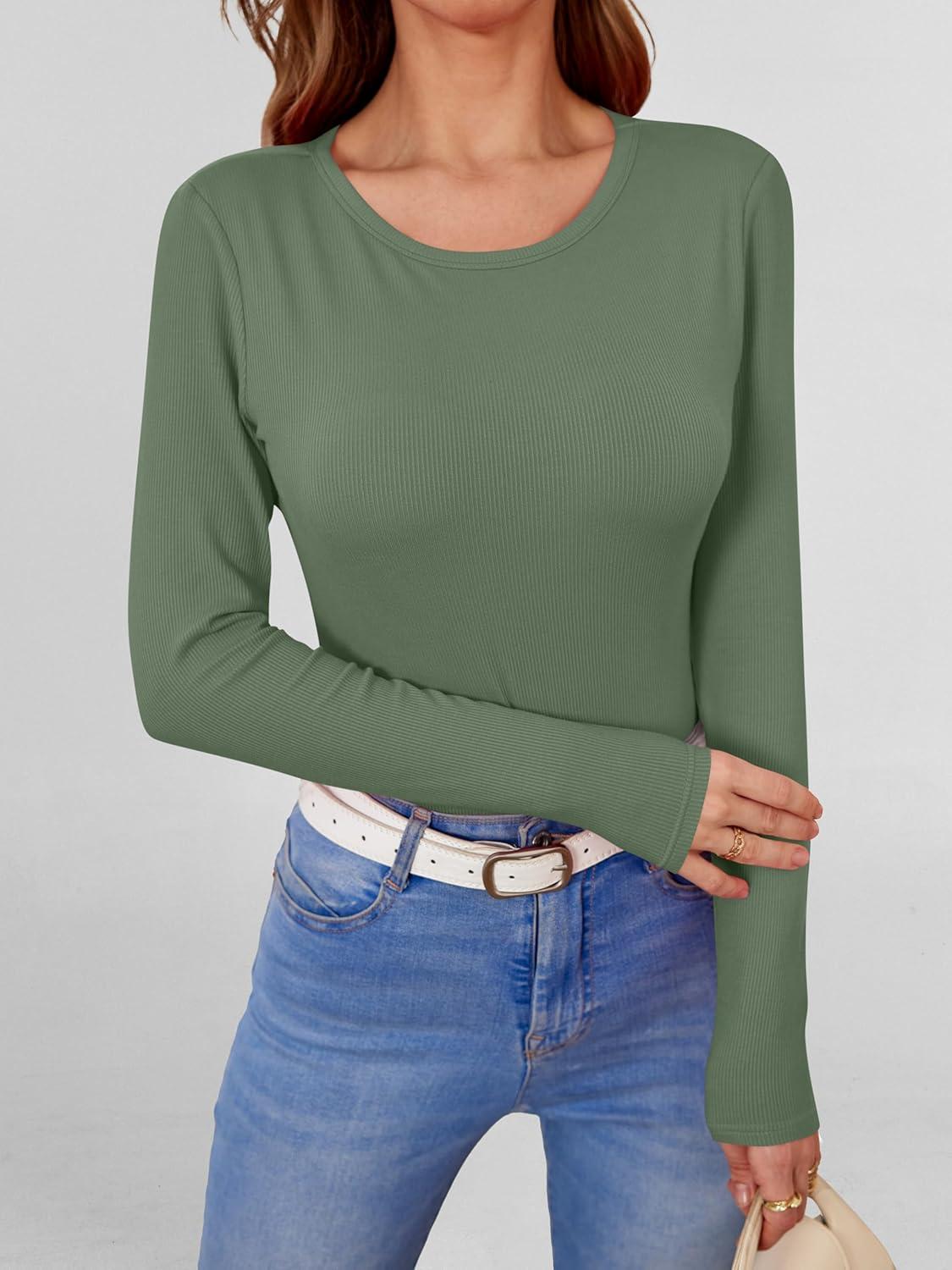imageANRABESS Women Long Sleeve Shirts Builtin Bra Crewneck Rib Knit Slim Fit Basic Tee Tops 2025 Fall Casual TShirt Base LayerSage Green