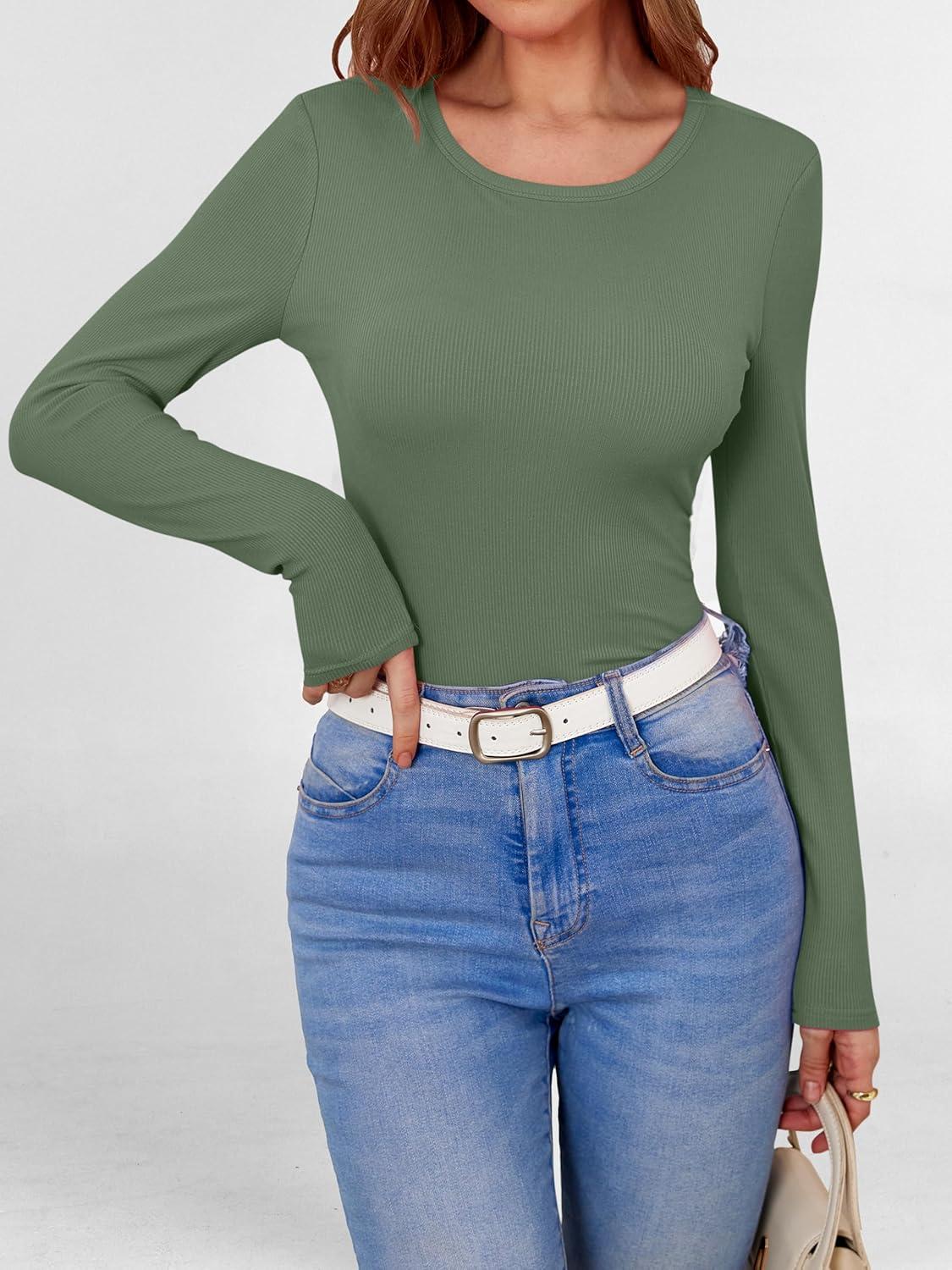 imageANRABESS Women Long Sleeve Shirts Builtin Bra Crewneck Rib Knit Slim Fit Basic Tee Tops 2025 Fall Casual TShirt Base LayerSage Green