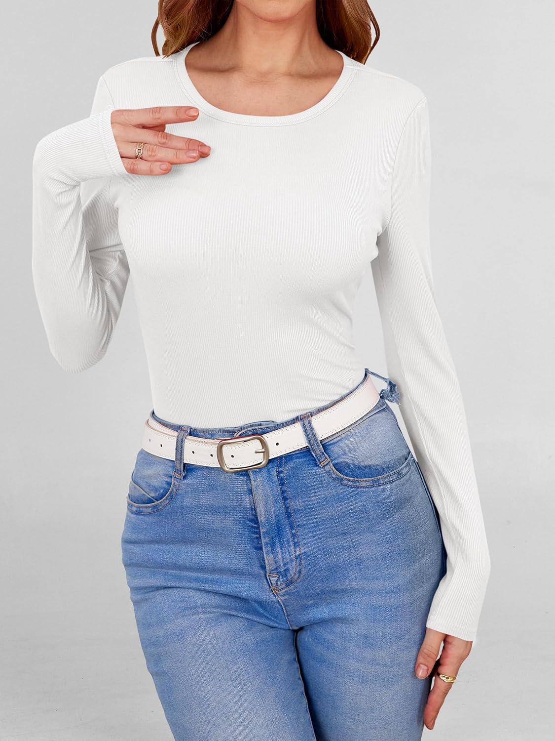 imageANRABESS Women Long Sleeve Shirts Builtin Bra Crewneck Rib Knit Slim Fit Basic Tee Tops 2025 Fall Casual TShirt Base LayerWhite