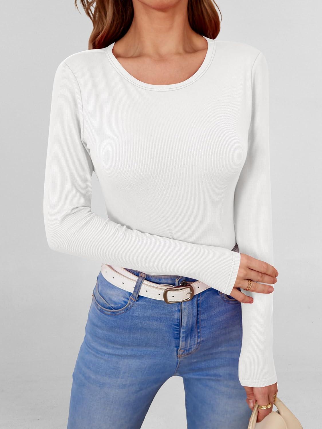 imageANRABESS Women Long Sleeve Shirts Builtin Bra Crewneck Rib Knit Slim Fit Basic Tee Tops 2025 Fall Casual TShirt Base LayerWhite