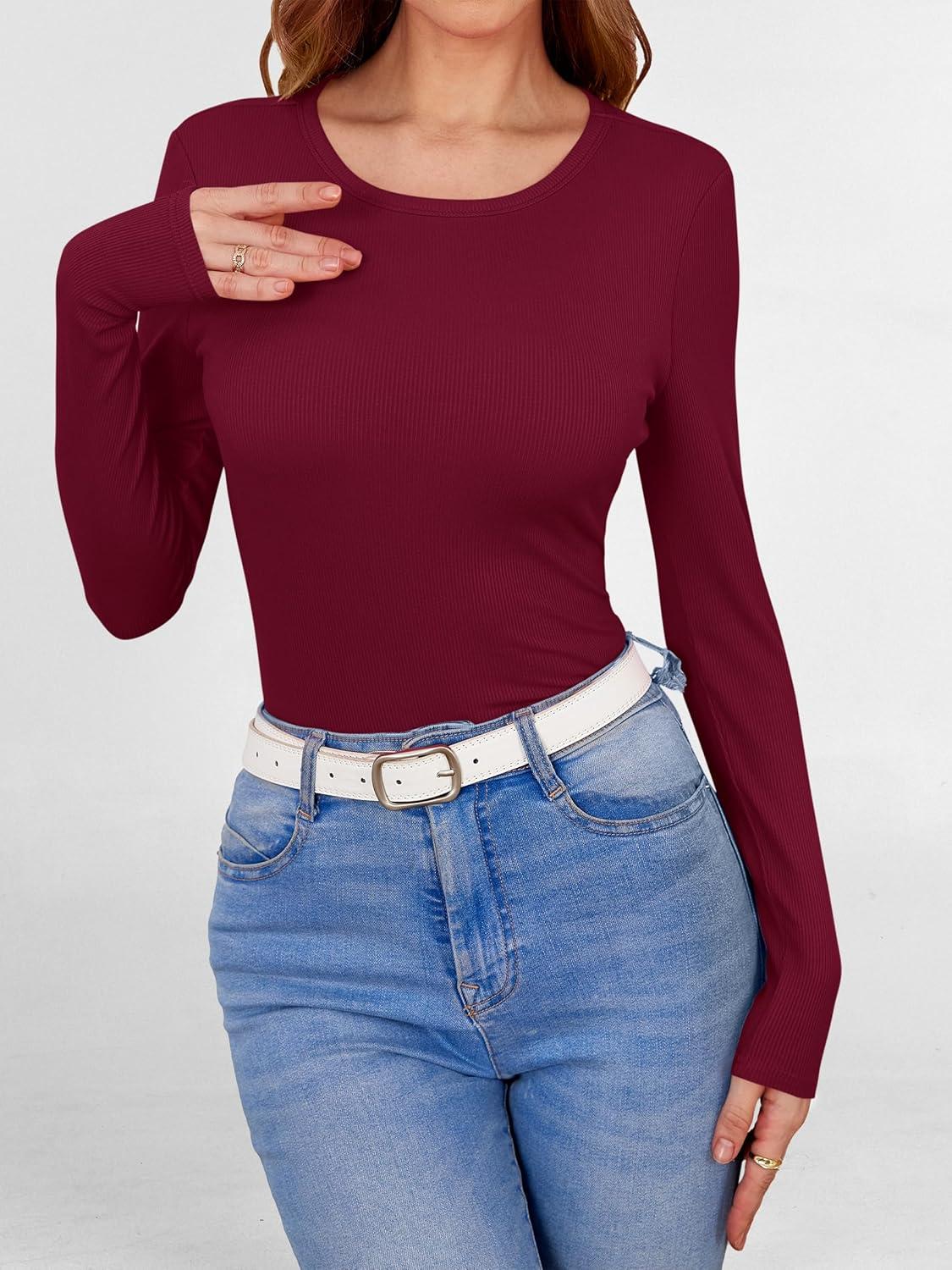 imageANRABESS Women Long Sleeve Shirts Builtin Bra Crewneck Rib Knit Slim Fit Basic Tee Tops 2025 Fall Casual TShirt Base LayerWine Red