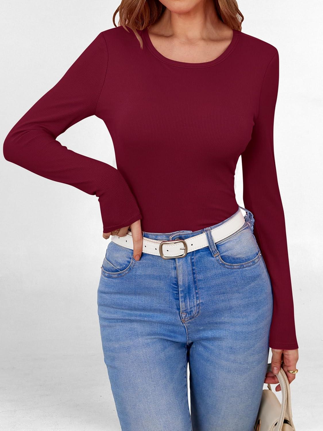 imageANRABESS Women Long Sleeve Shirts Builtin Bra Crewneck Rib Knit Slim Fit Basic Tee Tops 2025 Fall Casual TShirt Base LayerWine Red