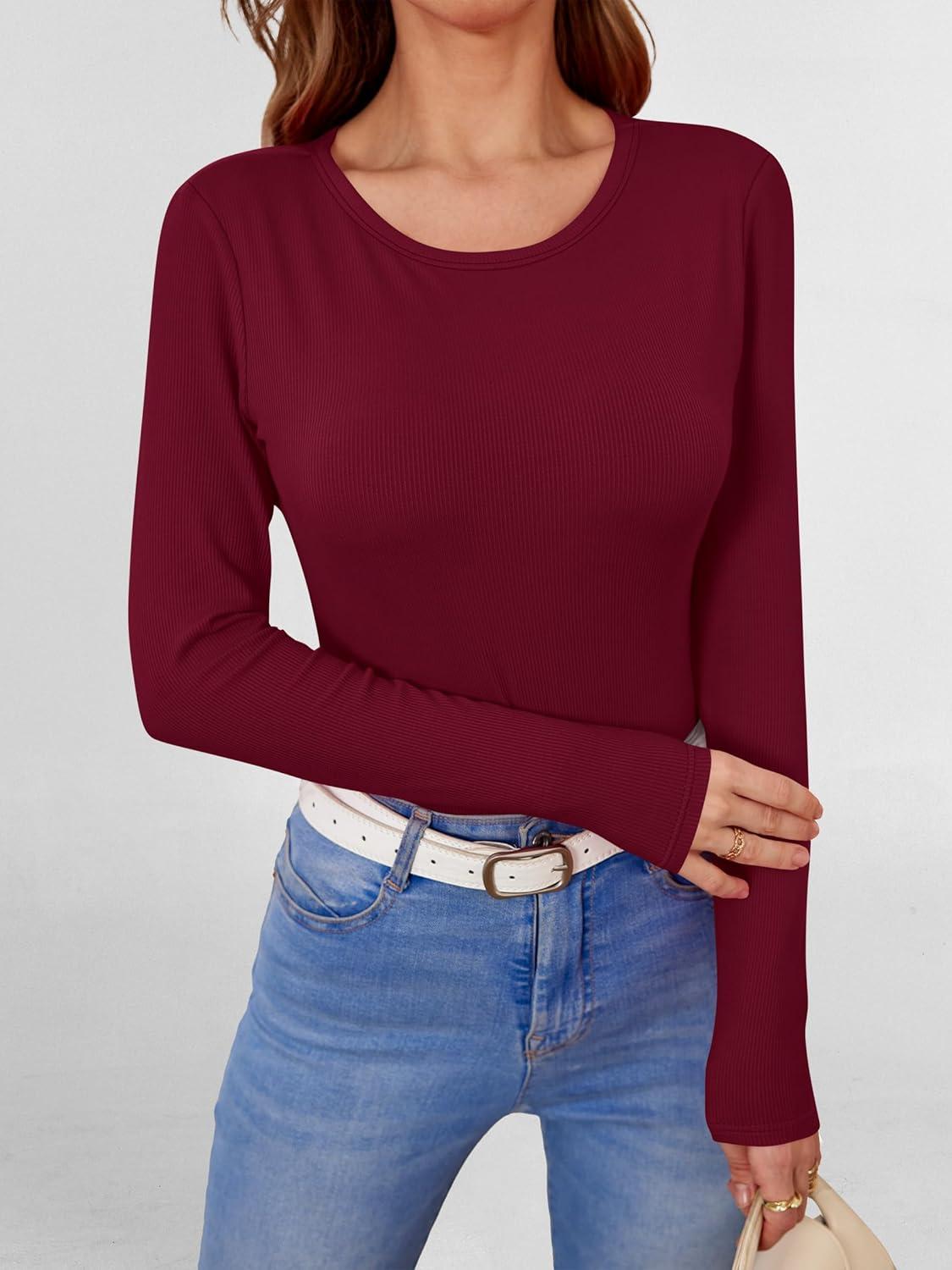 imageANRABESS Women Long Sleeve Shirts Builtin Bra Crewneck Rib Knit Slim Fit Basic Tee Tops 2025 Fall Casual TShirt Base LayerWine Red