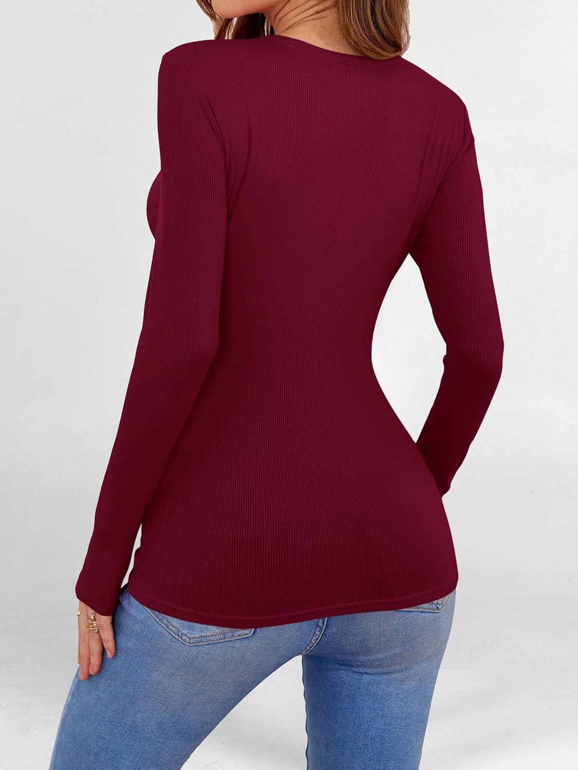 imageANRABESS Women Long Sleeve Shirts Builtin Bra Crewneck Rib Knit Slim Fit Basic Tee Tops 2025 Fall Casual TShirt Base LayerWine Red