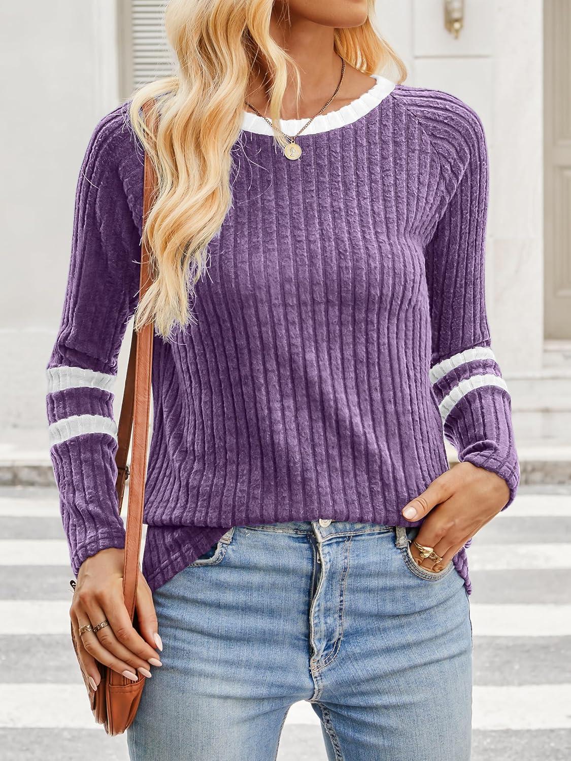 imageANRABESS Women Long Sleeve Tops Color Block Casual Shirts Lightweight Sweaters Fall Fashion Outfits 2025 Teen Girls ClothesPurplewhite