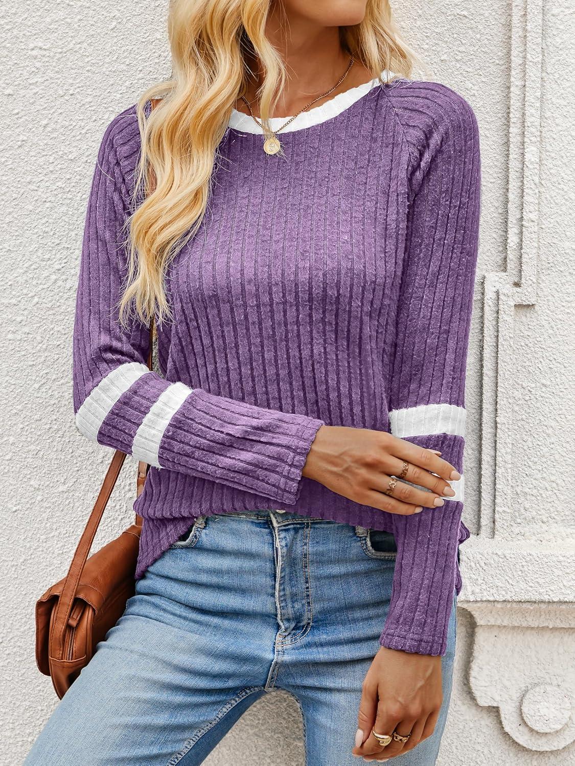 imageANRABESS Women Long Sleeve Tops Color Block Casual Shirts Lightweight Sweaters Fall Fashion Outfits 2025 Teen Girls ClothesPurplewhite