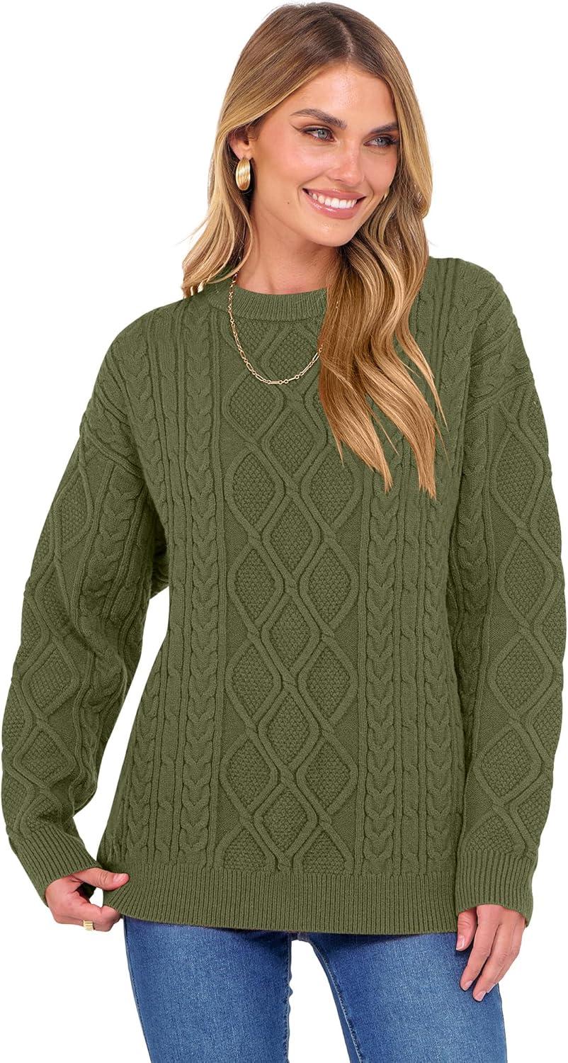 imageANRABESS Women Oversized Chunky Cable Knitted Vintage Sweater 2025 Fall Winter OutfitsArmy Green