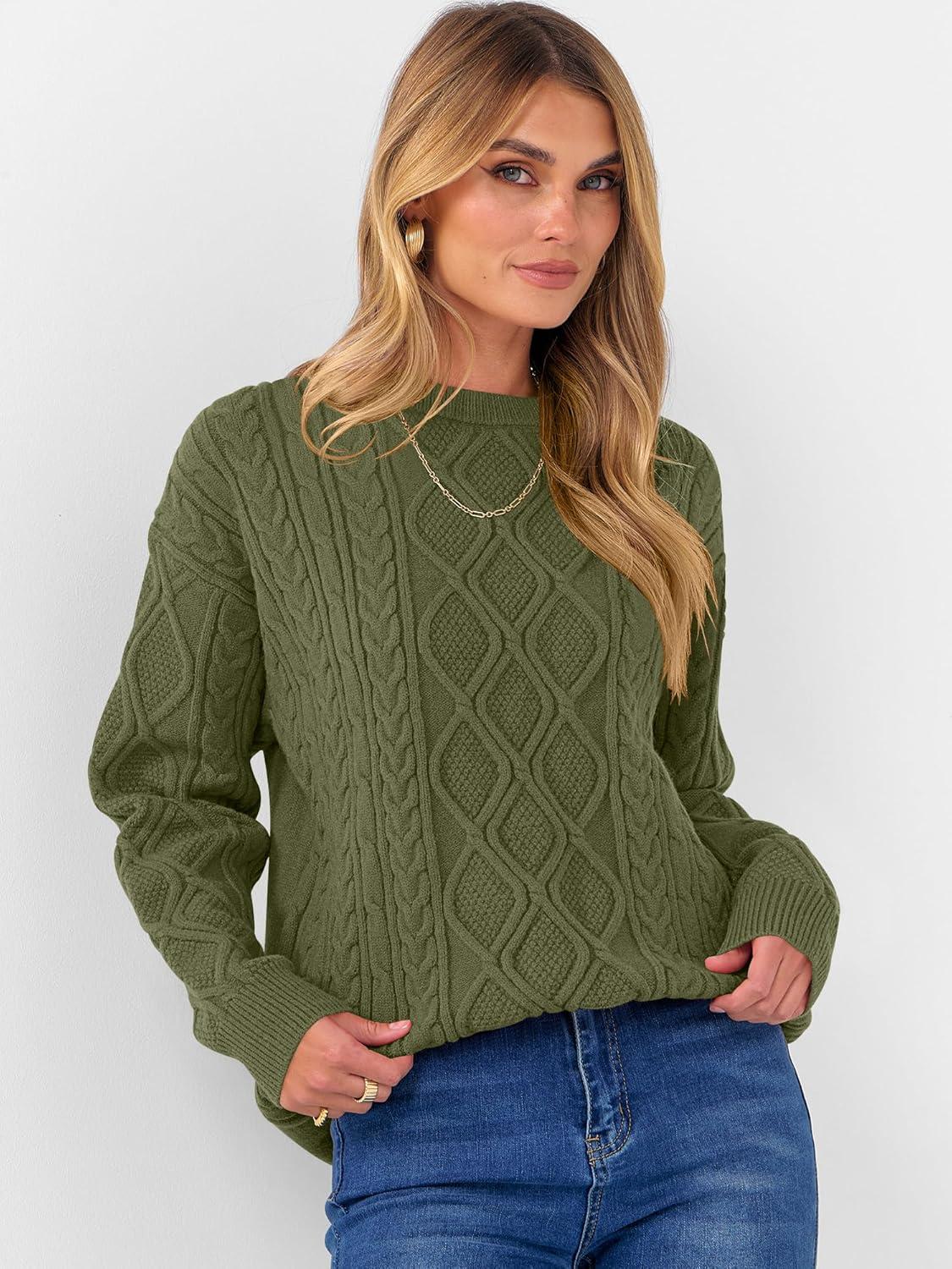 imageANRABESS Women Oversized Chunky Cable Knitted Vintage Sweater 2025 Fall Winter OutfitsArmy Green