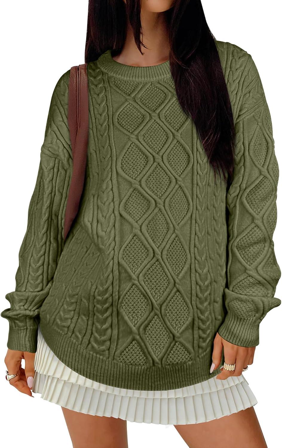 imageANRABESS Women Oversized Chunky Cable Knitted Vintage Sweater 2025 Fall Winter OutfitsArmy Green