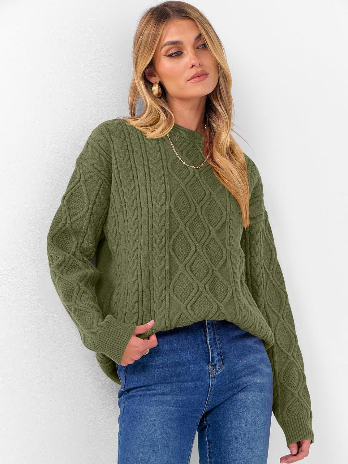 imageANRABESS Women Oversized Chunky Cable Knitted Vintage Sweater 2025 Fall Winter OutfitsArmy Green