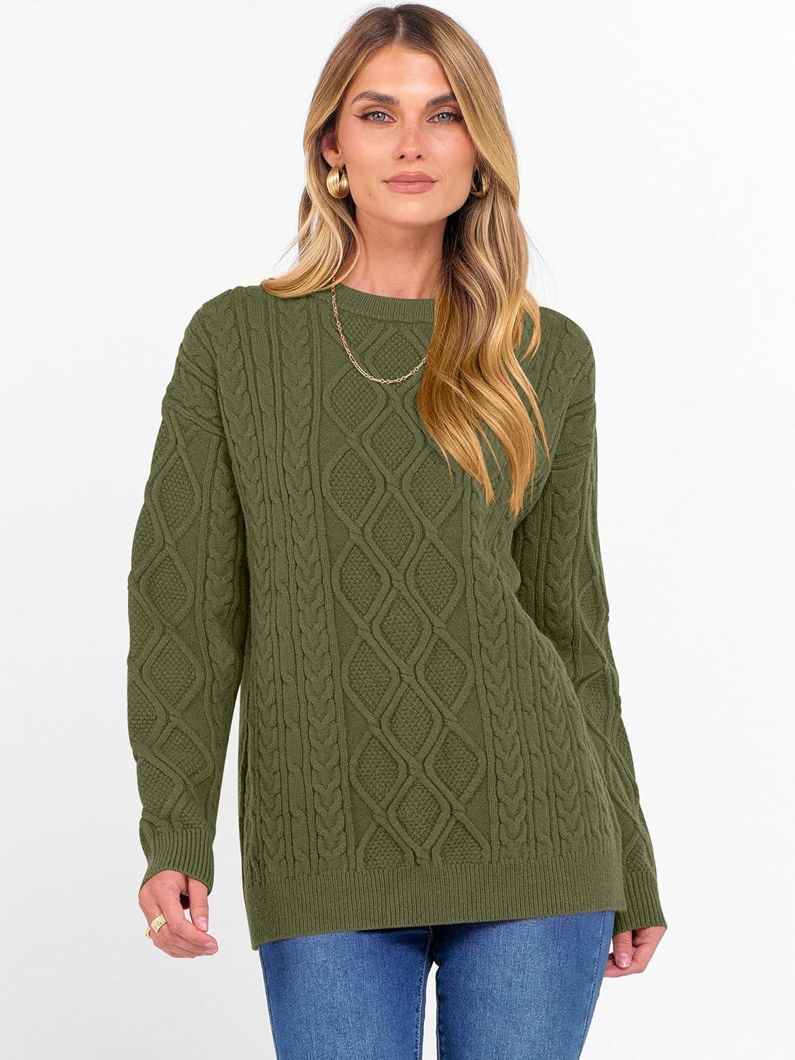 imageANRABESS Women Oversized Chunky Cable Knitted Vintage Sweater 2025 Fall Winter OutfitsArmy Green