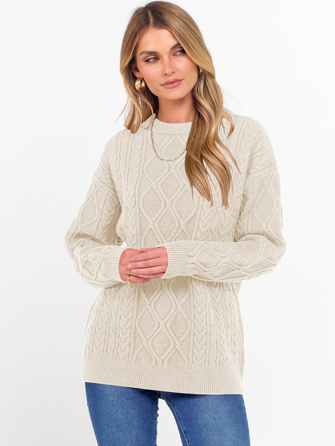 imageANRABESS Women Oversized Chunky Cable Knitted Vintage Sweater 2025 Fall Winter OutfitsBeige