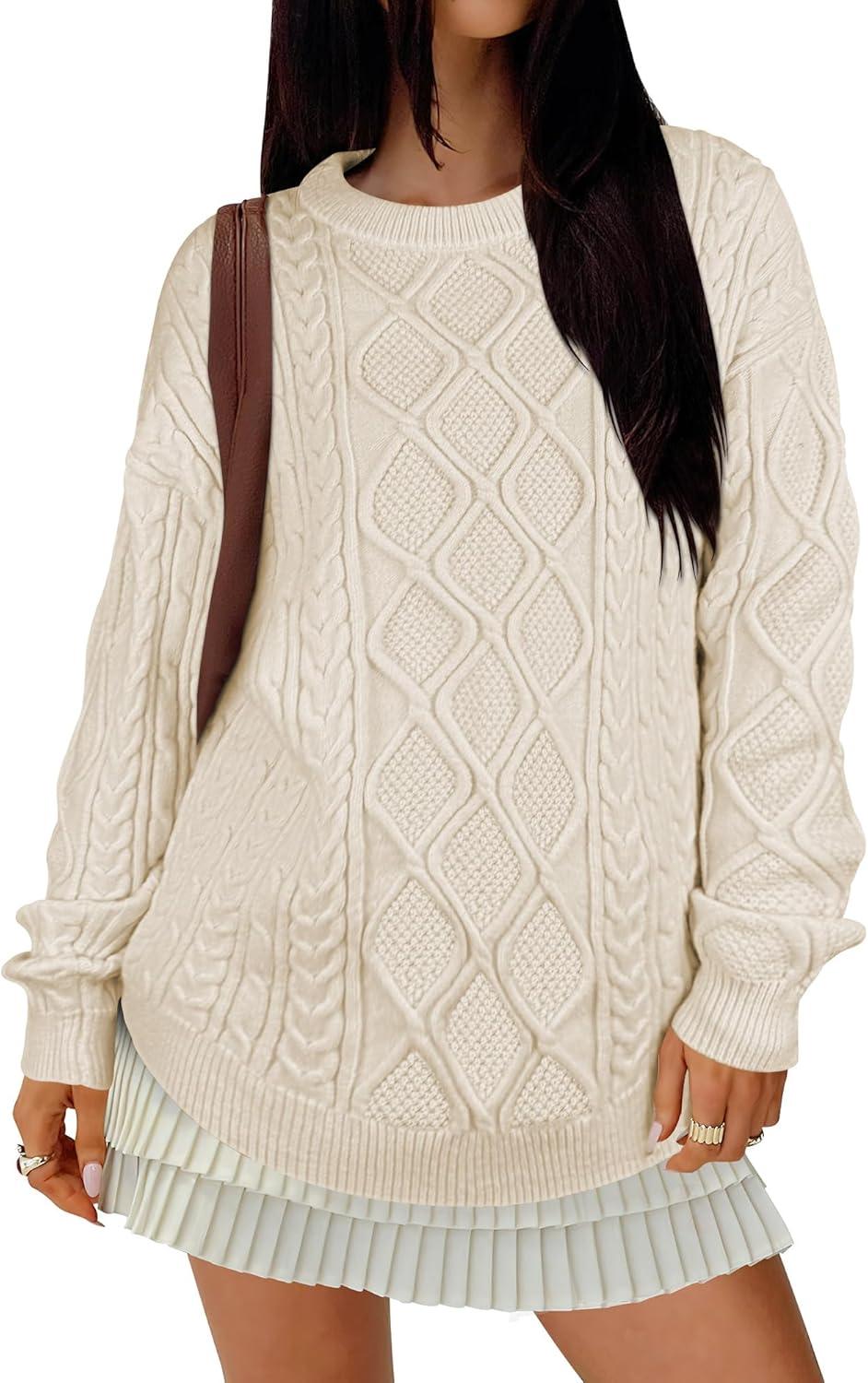 imageANRABESS Women Oversized Chunky Cable Knitted Vintage Sweater 2025 Fall Winter OutfitsBeige