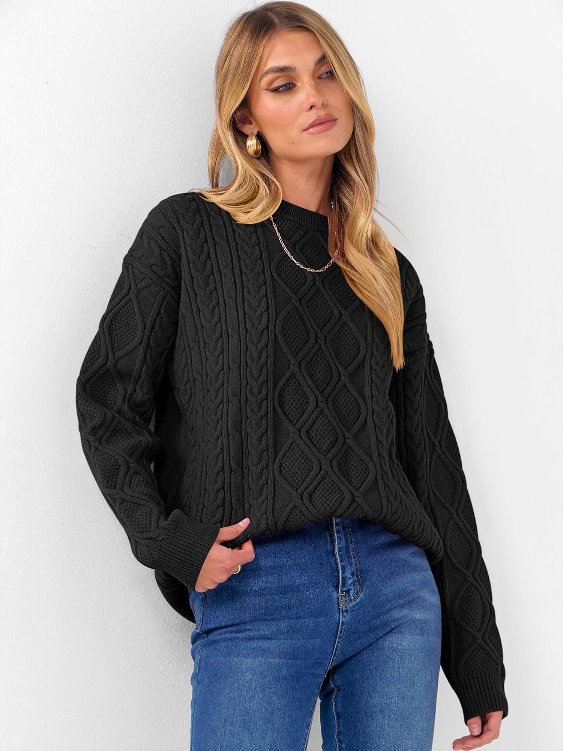 imageANRABESS Women Oversized Chunky Cable Knitted Vintage Sweater 2025 Fall Winter OutfitsBlack