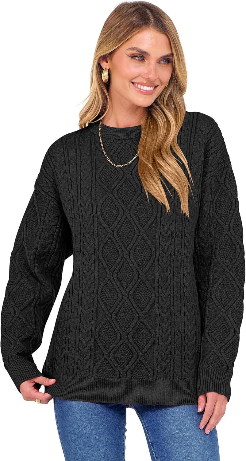 imageANRABESS Women Oversized Chunky Cable Knitted Vintage Sweater 2025 Fall Winter OutfitsBlack