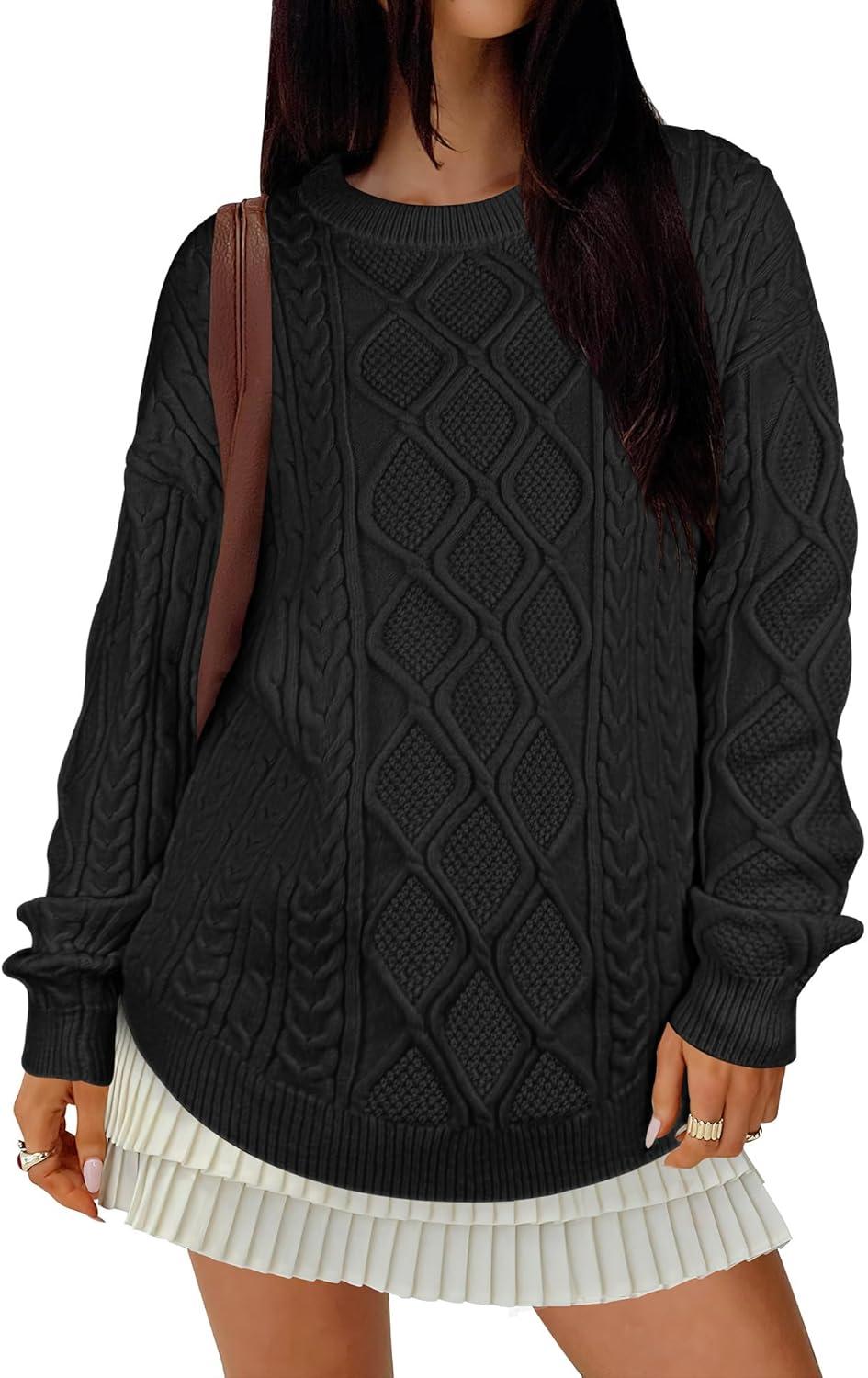 imageANRABESS Women Oversized Chunky Cable Knitted Vintage Sweater 2025 Fall Winter OutfitsBlack