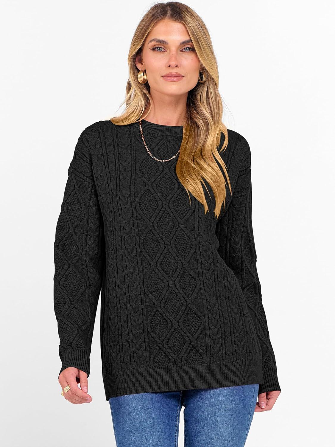 imageANRABESS Women Oversized Chunky Cable Knitted Vintage Sweater 2025 Fall Winter OutfitsBlack