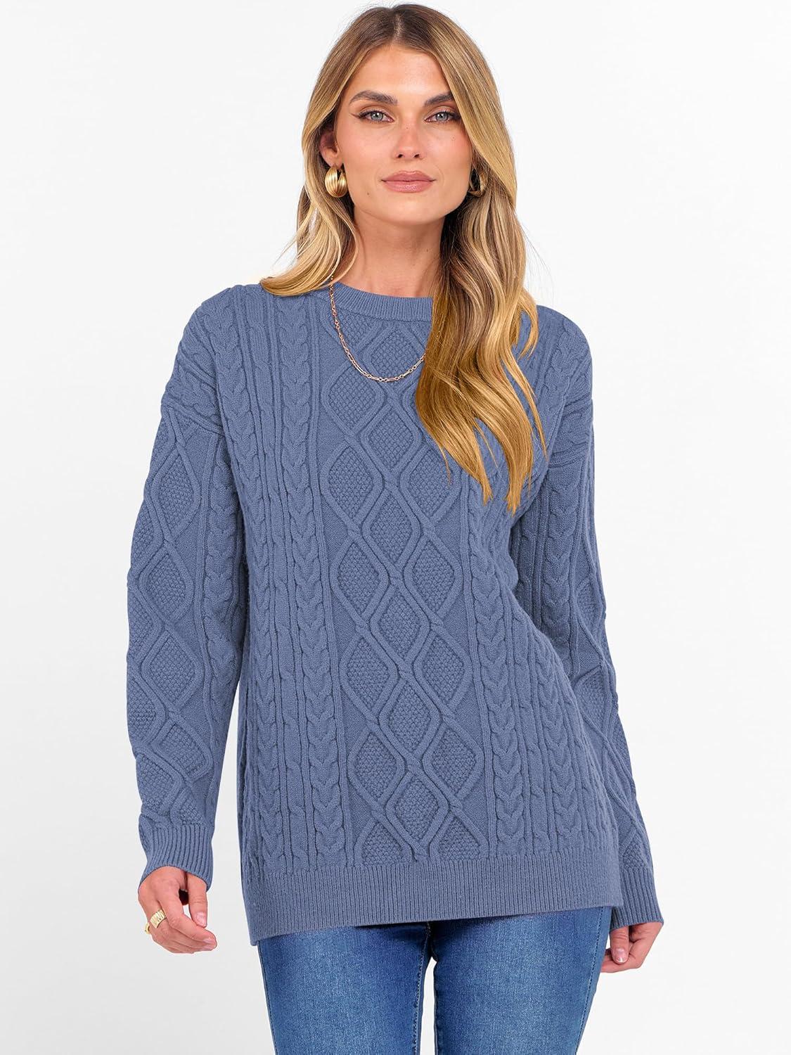 imageANRABESS Women Oversized Chunky Cable Knitted Vintage Sweater 2025 Fall Winter OutfitsBlue