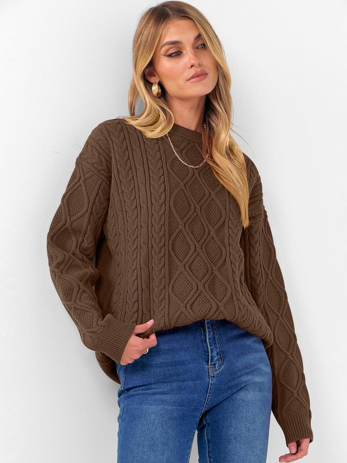 imageANRABESS Women Oversized Chunky Cable Knitted Vintage Sweater 2025 Fall Winter OutfitsBrown