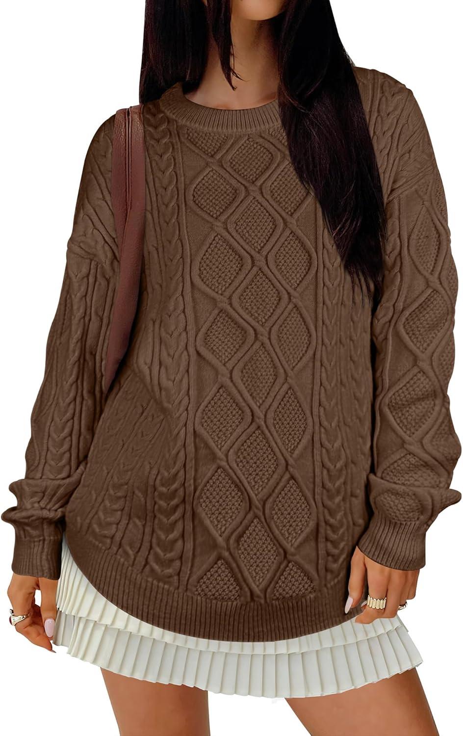 imageANRABESS Women Oversized Chunky Cable Knitted Vintage Sweater 2025 Fall Winter OutfitsBrown