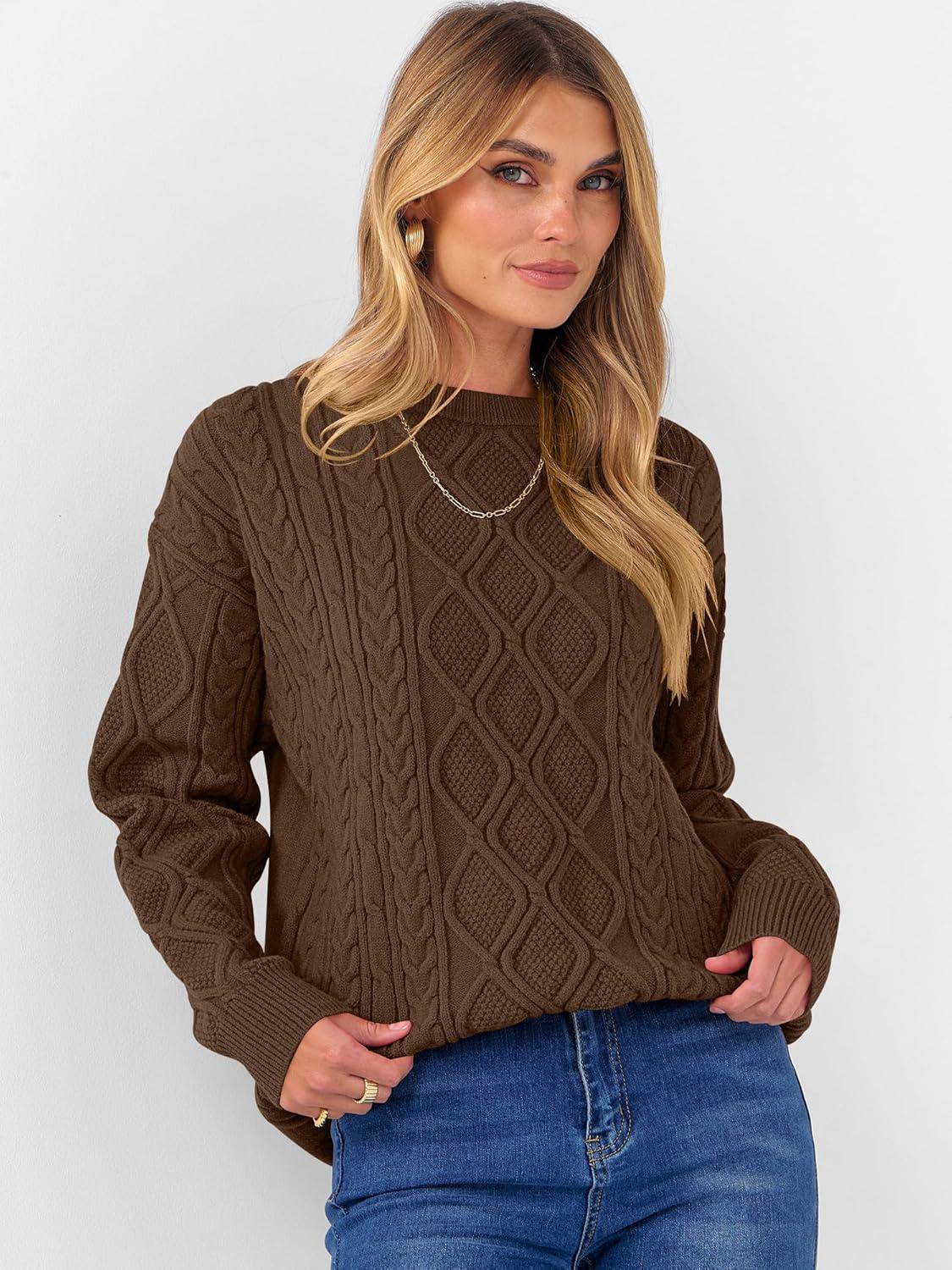 imageANRABESS Women Oversized Chunky Cable Knitted Vintage Sweater 2025 Fall Winter OutfitsBrown