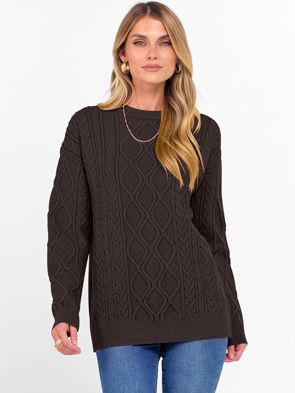 imageANRABESS Women Oversized Chunky Cable Knitted Vintage Sweater 2025 Fall Winter OutfitsCoffee