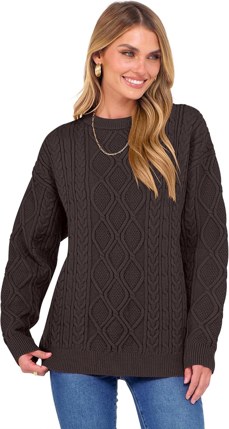 imageANRABESS Women Oversized Chunky Cable Knitted Vintage Sweater 2025 Fall Winter OutfitsCoffee