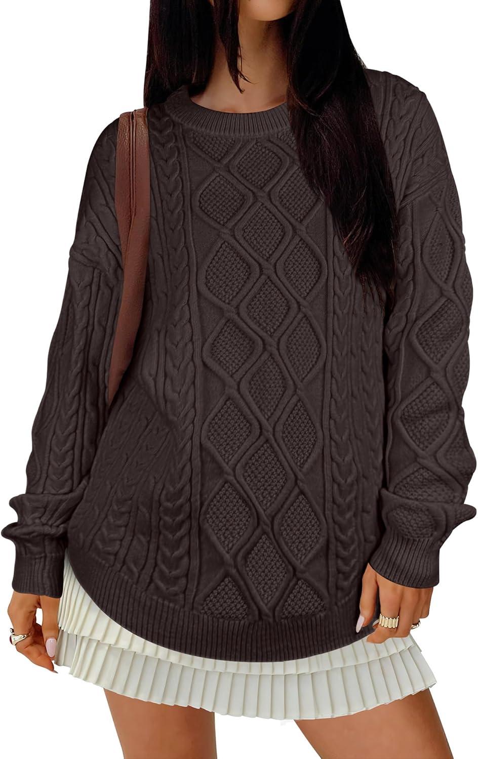 imageANRABESS Women Oversized Chunky Cable Knitted Vintage Sweater 2025 Fall Winter OutfitsCoffee