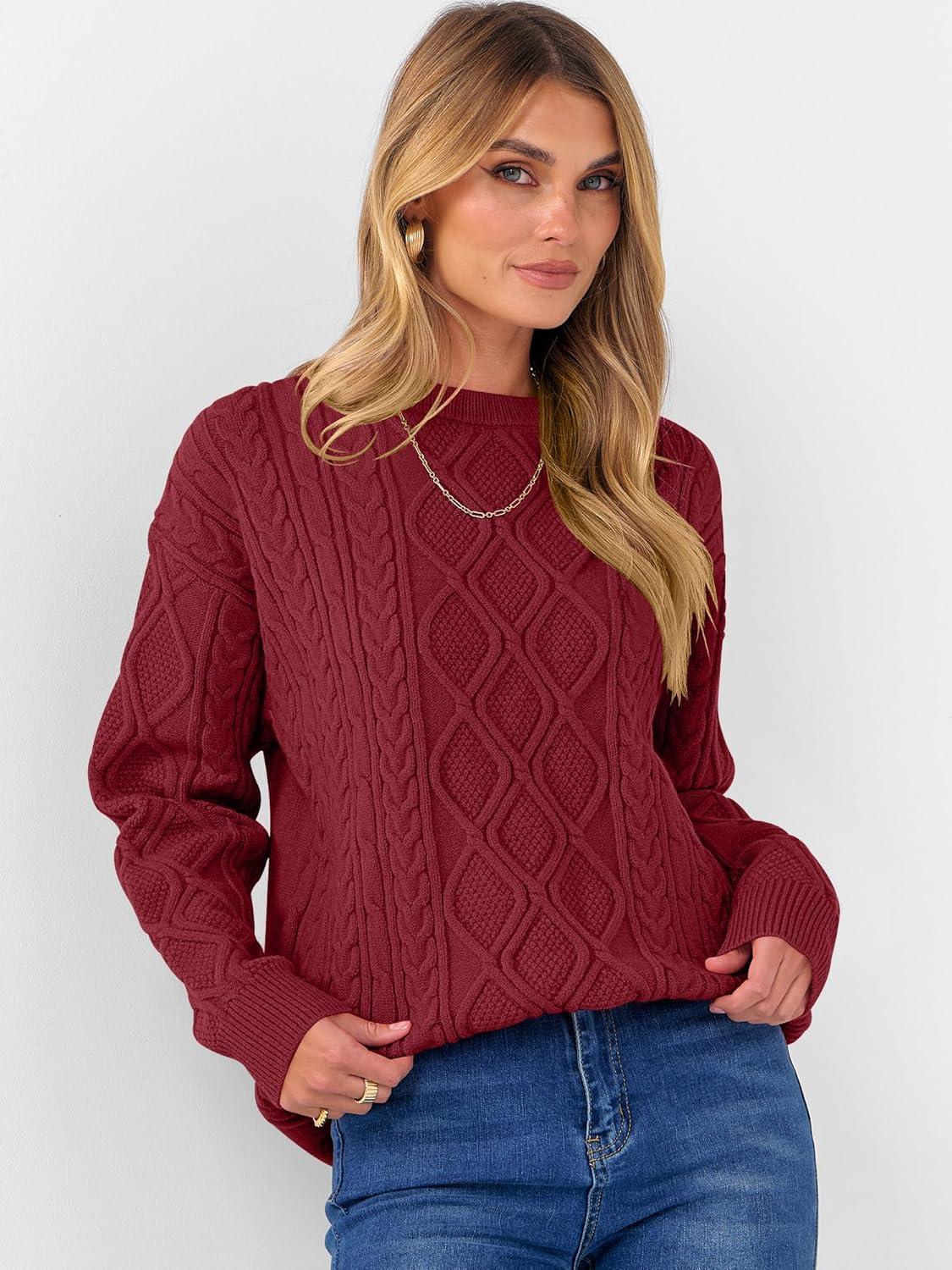 imageANRABESS Women Oversized Chunky Cable Knitted Vintage Sweater 2025 Fall Winter OutfitsDeep Red