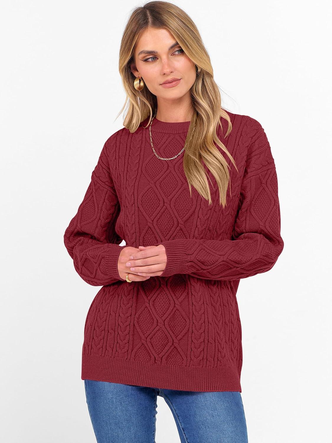 imageANRABESS Women Oversized Chunky Cable Knitted Vintage Sweater 2025 Fall Winter OutfitsDeep Red