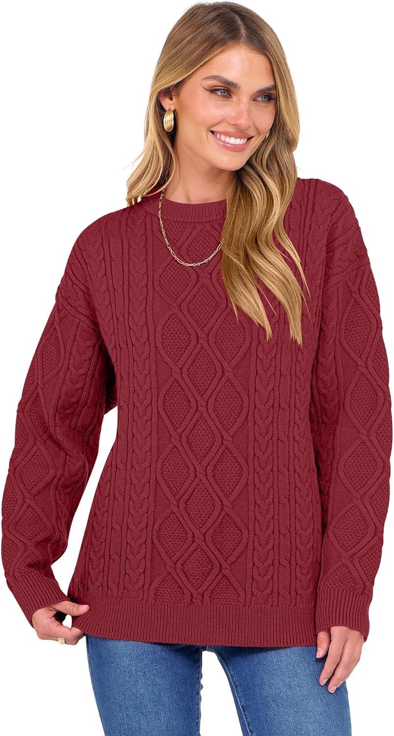 imageANRABESS Women Oversized Chunky Cable Knitted Vintage Sweater 2025 Fall Winter OutfitsDeep Red