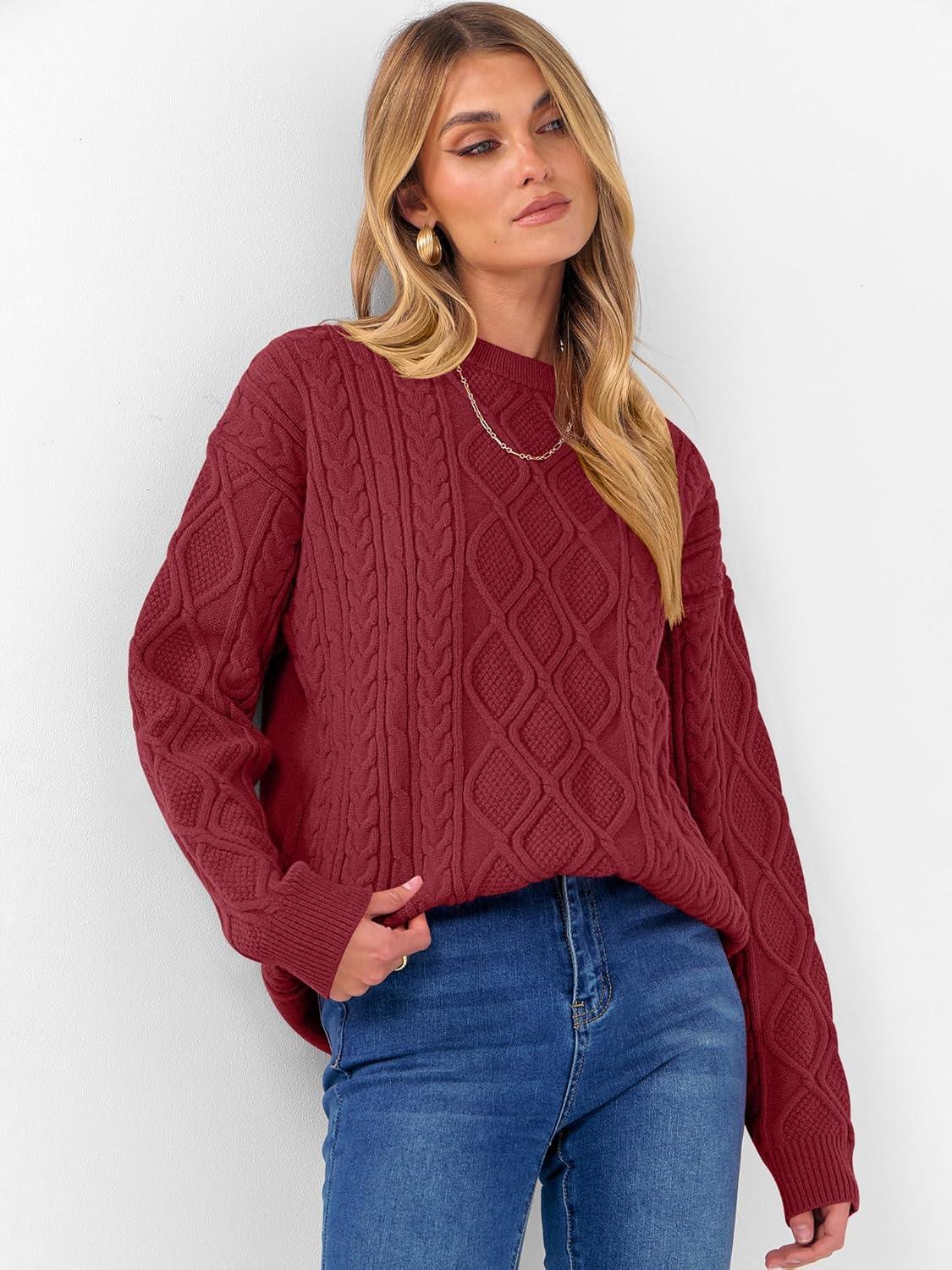 imageANRABESS Women Oversized Chunky Cable Knitted Vintage Sweater 2025 Fall Winter OutfitsDeep Red