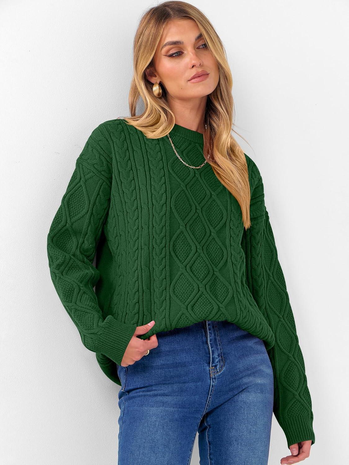 imageANRABESS Women Oversized Chunky Cable Knitted Vintage Sweater 2025 Fall Winter OutfitsGreen