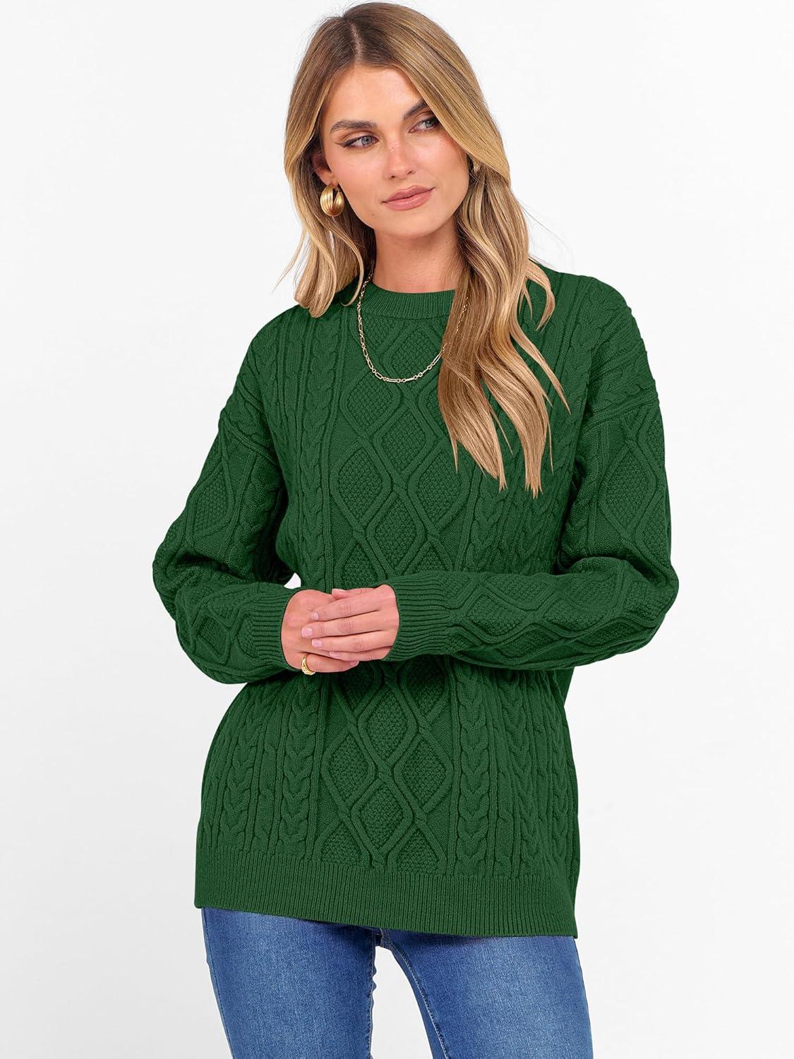 imageANRABESS Women Oversized Chunky Cable Knitted Vintage Sweater 2025 Fall Winter OutfitsGreen