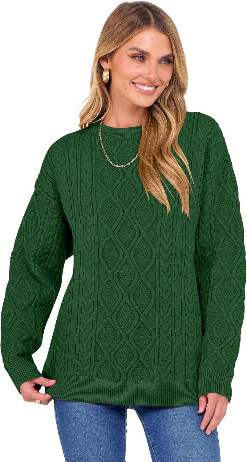 imageANRABESS Women Oversized Chunky Cable Knitted Vintage Sweater 2025 Fall Winter OutfitsGreen