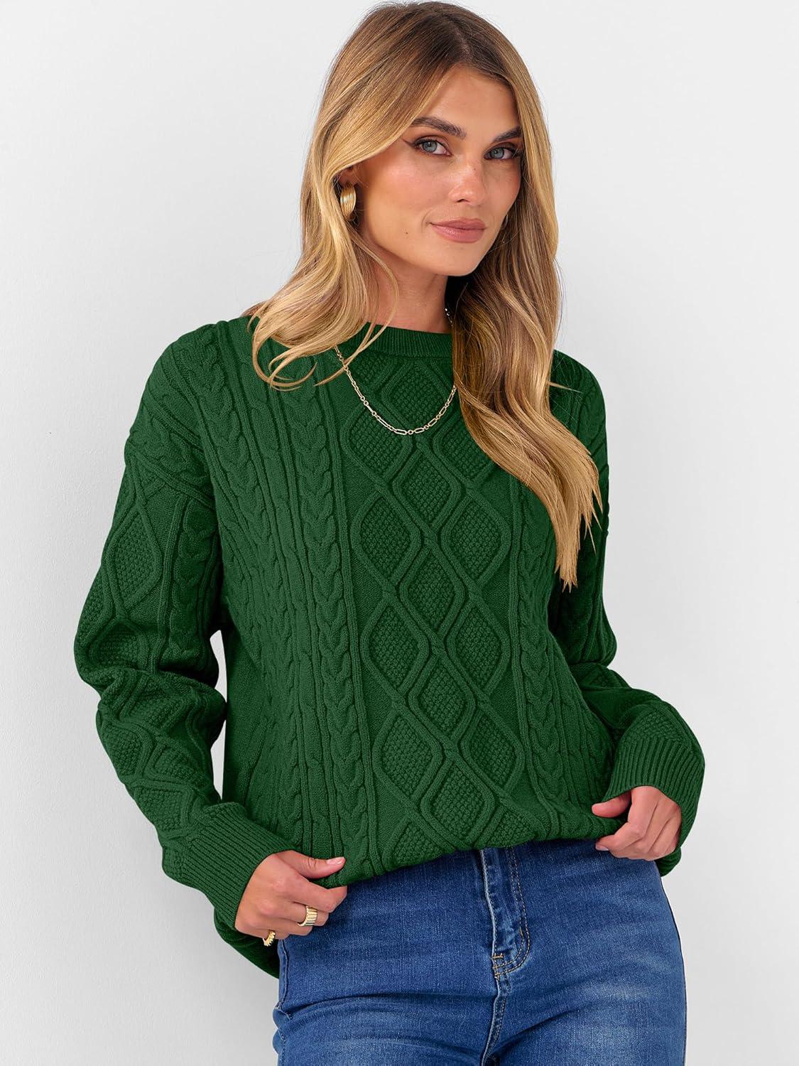 imageANRABESS Women Oversized Chunky Cable Knitted Vintage Sweater 2025 Fall Winter OutfitsGreen