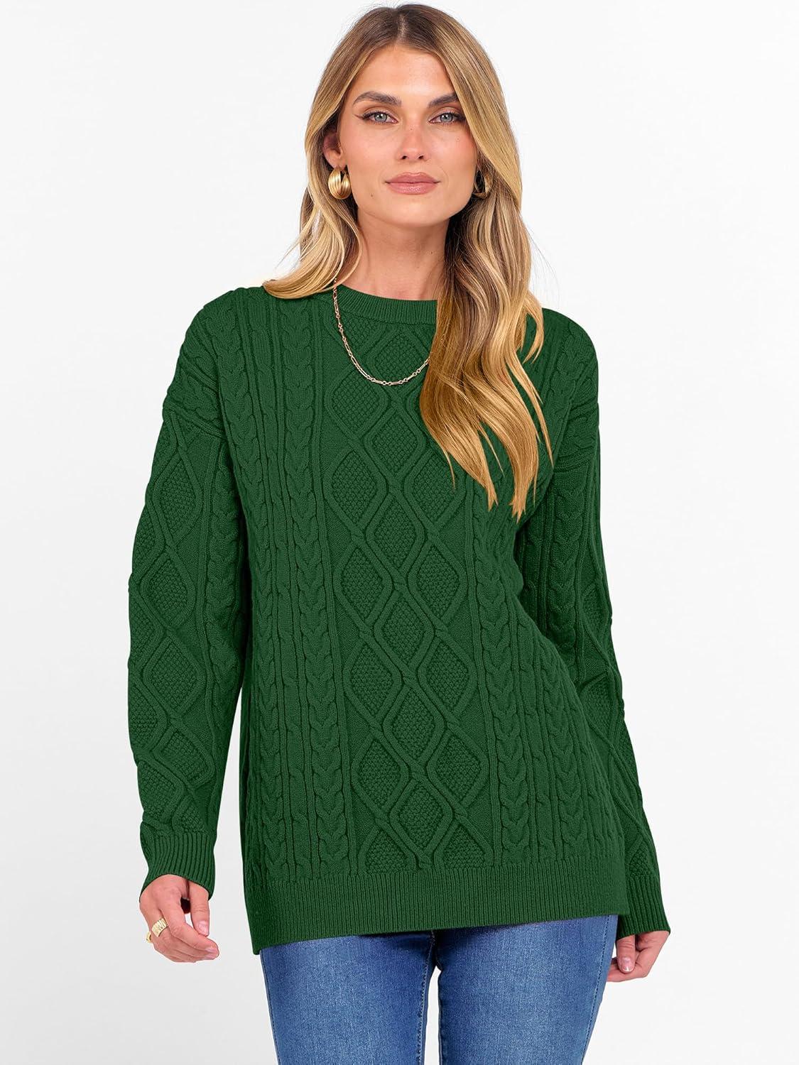 imageANRABESS Women Oversized Chunky Cable Knitted Vintage Sweater 2025 Fall Winter OutfitsGreen
