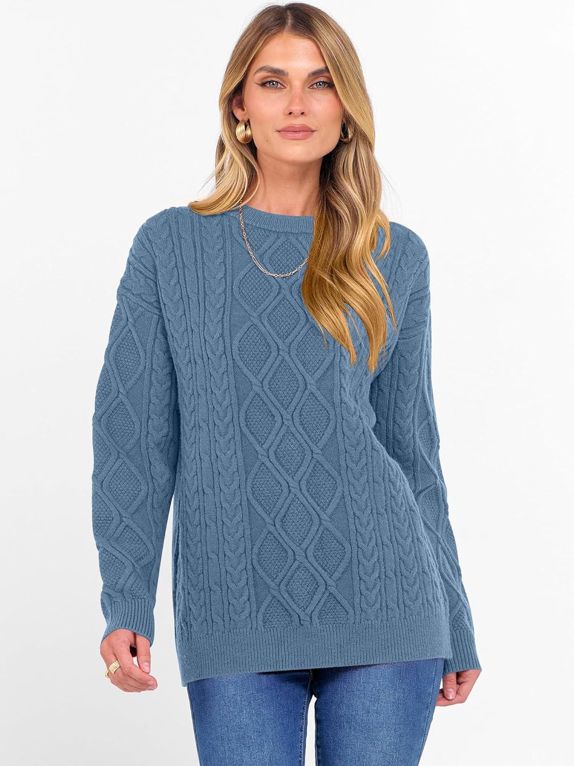 imageANRABESS Women Oversized Chunky Cable Knitted Vintage Sweater 2025 Fall Winter OutfitsGrey Blue