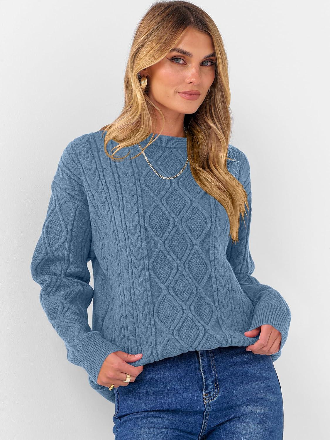 imageANRABESS Women Oversized Chunky Cable Knitted Vintage Sweater 2025 Fall Winter OutfitsGrey Blue