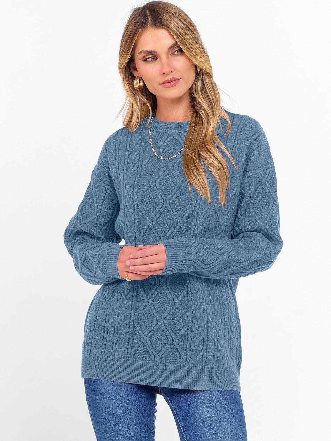 imageANRABESS Women Oversized Chunky Cable Knitted Vintage Sweater 2025 Fall Winter OutfitsGrey Blue