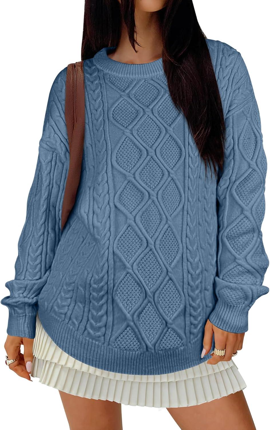 imageANRABESS Women Oversized Chunky Cable Knitted Vintage Sweater 2025 Fall Winter OutfitsGrey Blue